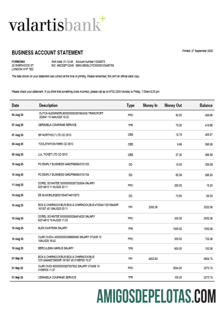 Realista Valartis Organization Checking modelo de extrato de conta Word e PDF (1)